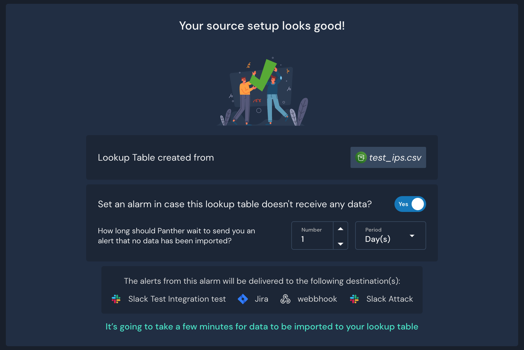 The image shows a success page in the Panther Console after creating a Lookup Table. There is an option to set an alarm in case this Lookup Table doesn't receive any data, and dropdown selectors to choose a time period when you receive the alerts. At the bottom, there is a section showing which destinations will receive the alert.