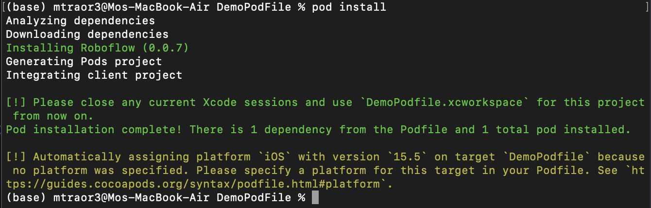 Terminal after successful installation of the Podfile