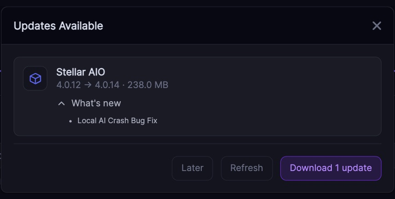 Example of the 4.0 update download window. After downloading, follow the Install & Restart prompt.
