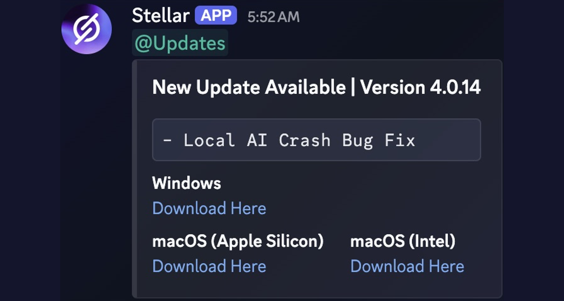 A Stellar 4.0 release post with separate Windows, Apple Silicon and Intel download links. Use the latest post, not the example version.