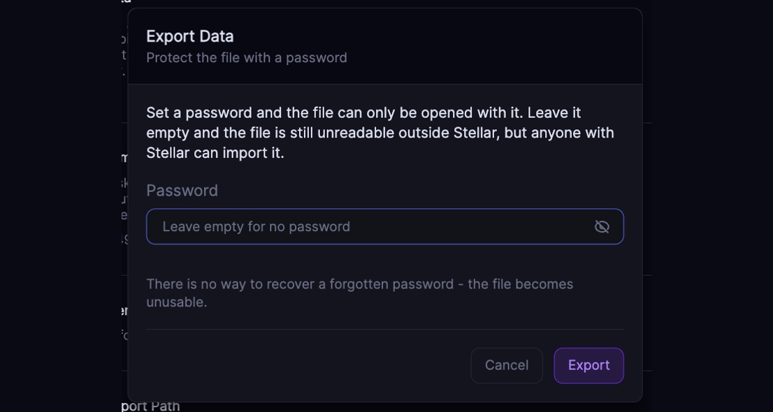 Export Data dialog with optional password and Export button