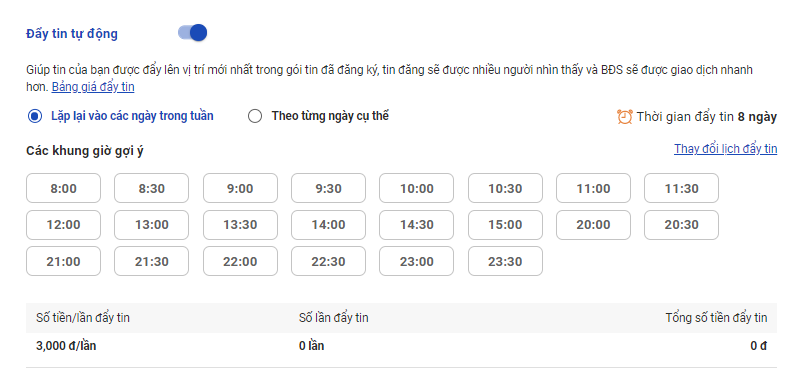 Chọn "Đẩy mới tin tự động" theo khung giờ bạn chọn