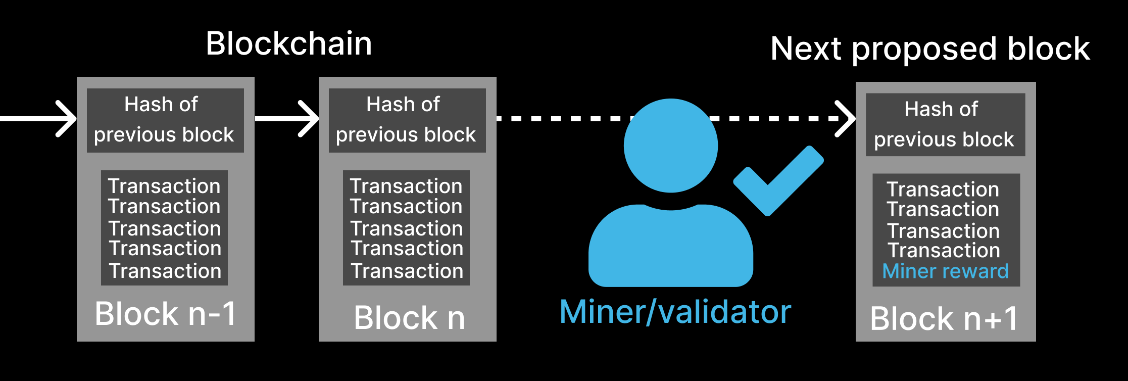 Miners/validators compile all pending transactions, validate them and add them to the blockchain. They get to add a special transaction to the end of each block that creates a rewards for their work.