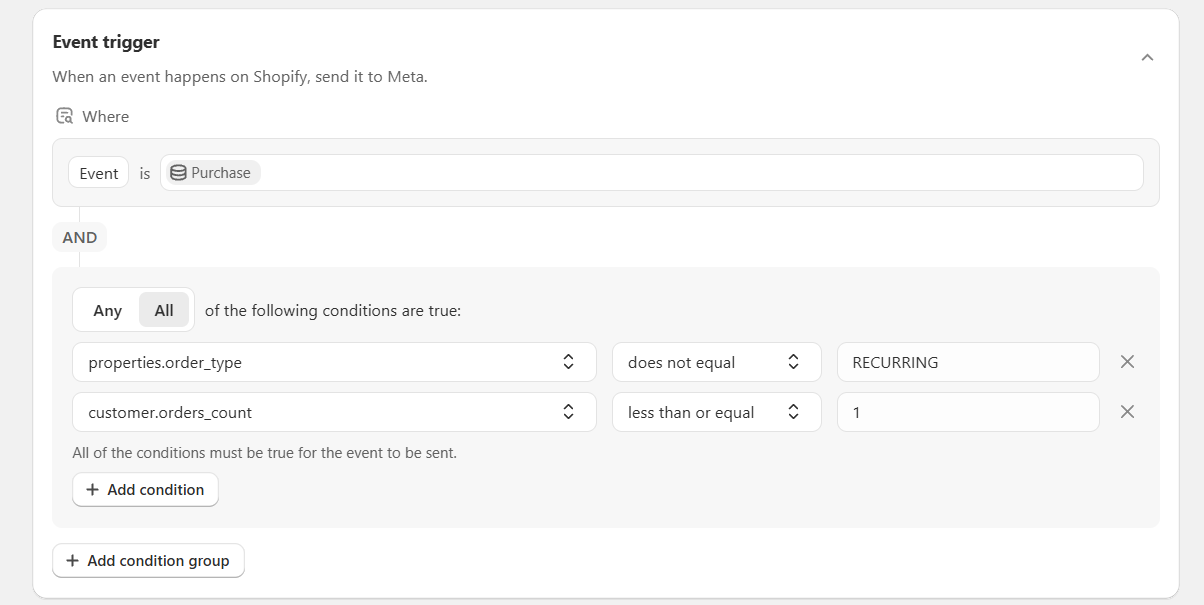 Event trigger section with a condition group and the Add condition and Add condition group buttons
