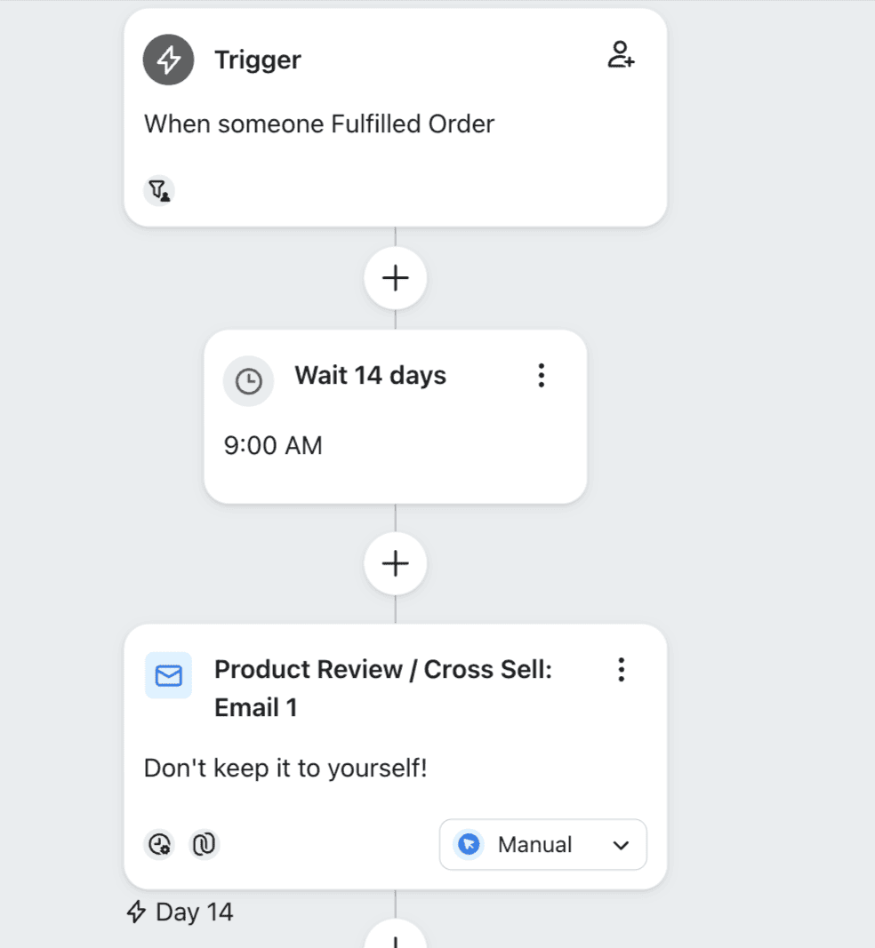 Klaviyo flow triggered by Fulfilled Order with a Wait 14 days block before a product review email