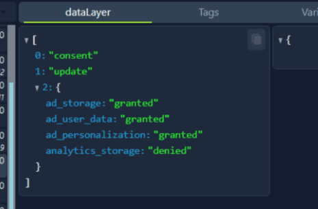 Consent update in the dataLayer with the three ad parameters granted and analytics_storage denied
