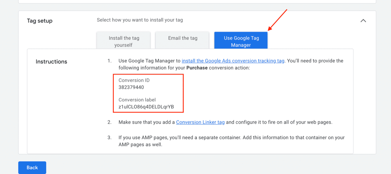 Google Ads Tag setup section showing the Conversion ID and Conversion label