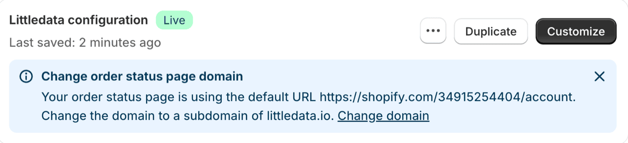 Shopify banner suggesting a change to the order status page domain