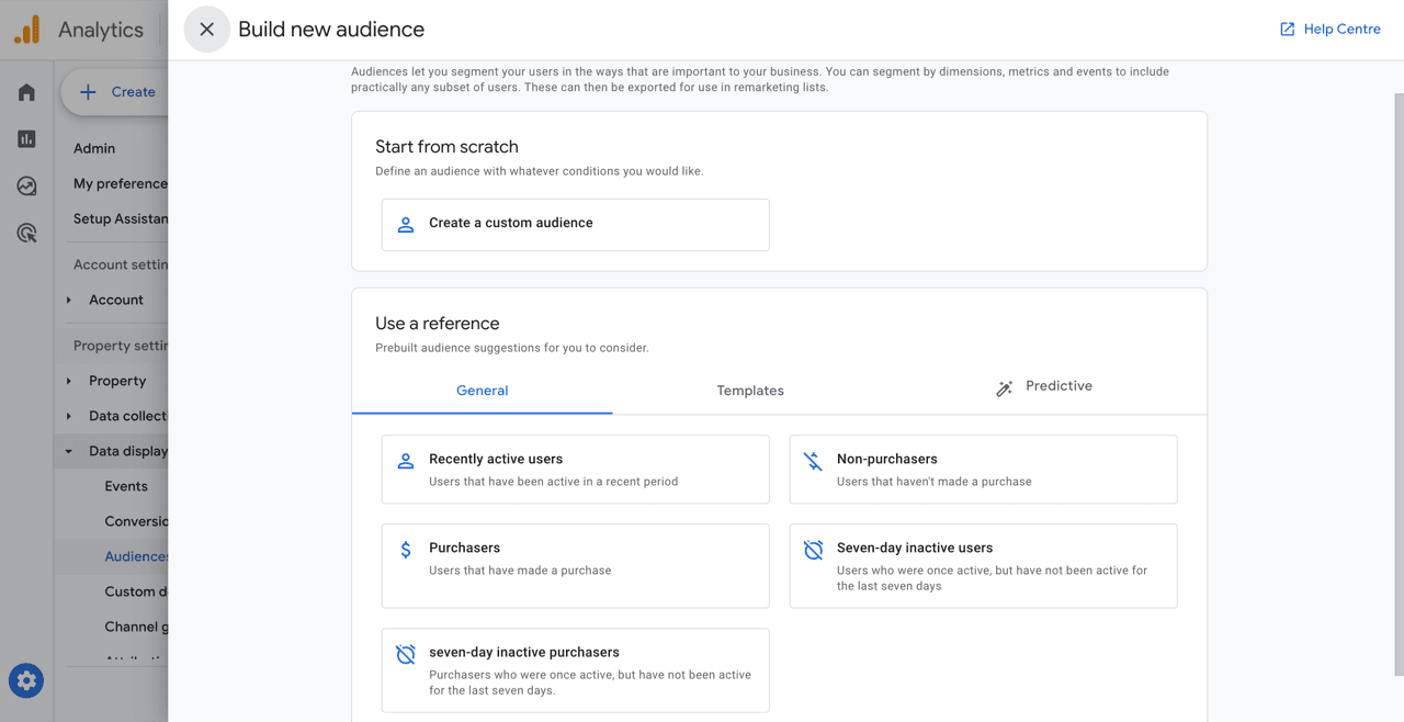 GA4 Build new audience screen with custom audience and template options