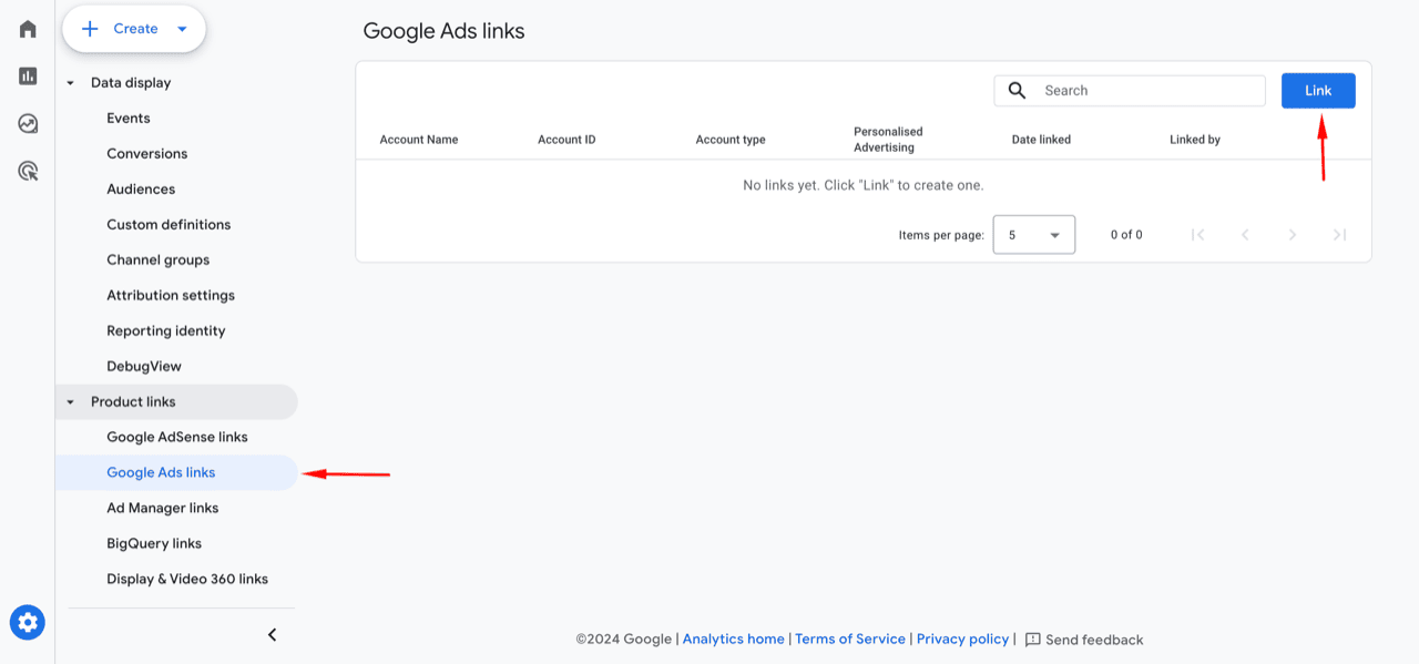 GA4 Google Ads links page with the Link button