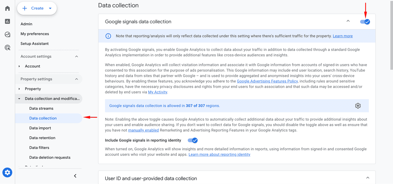 GA4 Data collection settings with Google signals data collection turned on