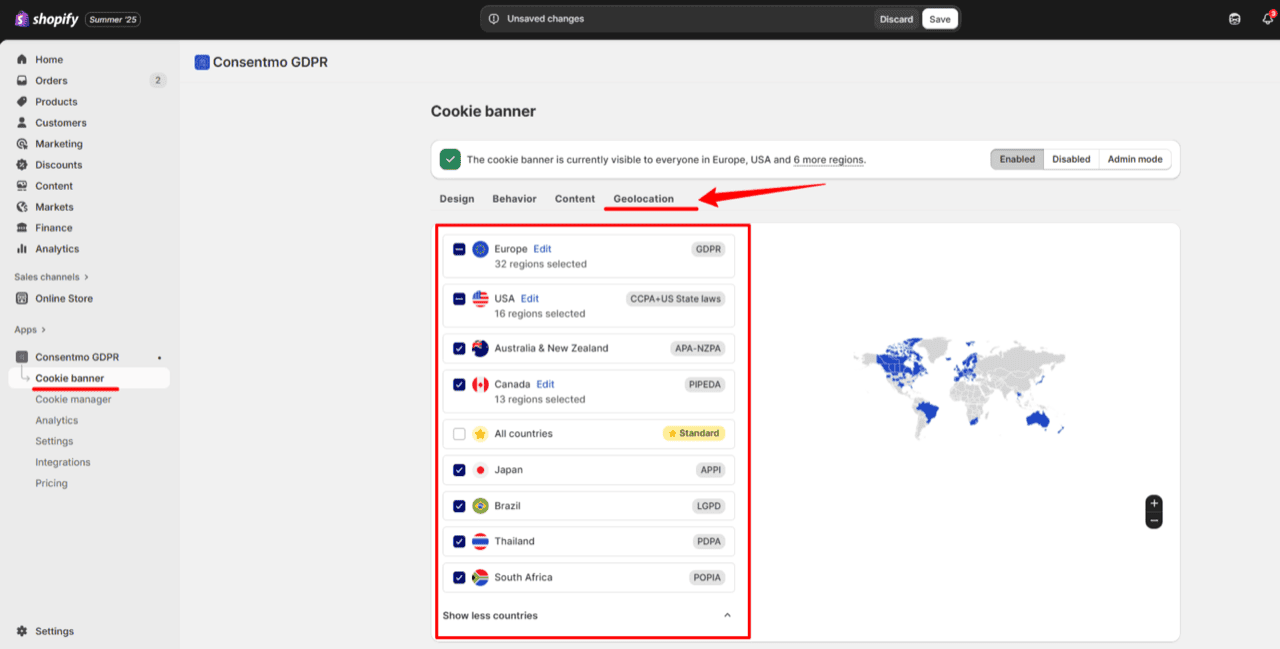 Consentmo cookie banner Geolocation tab with regions selected