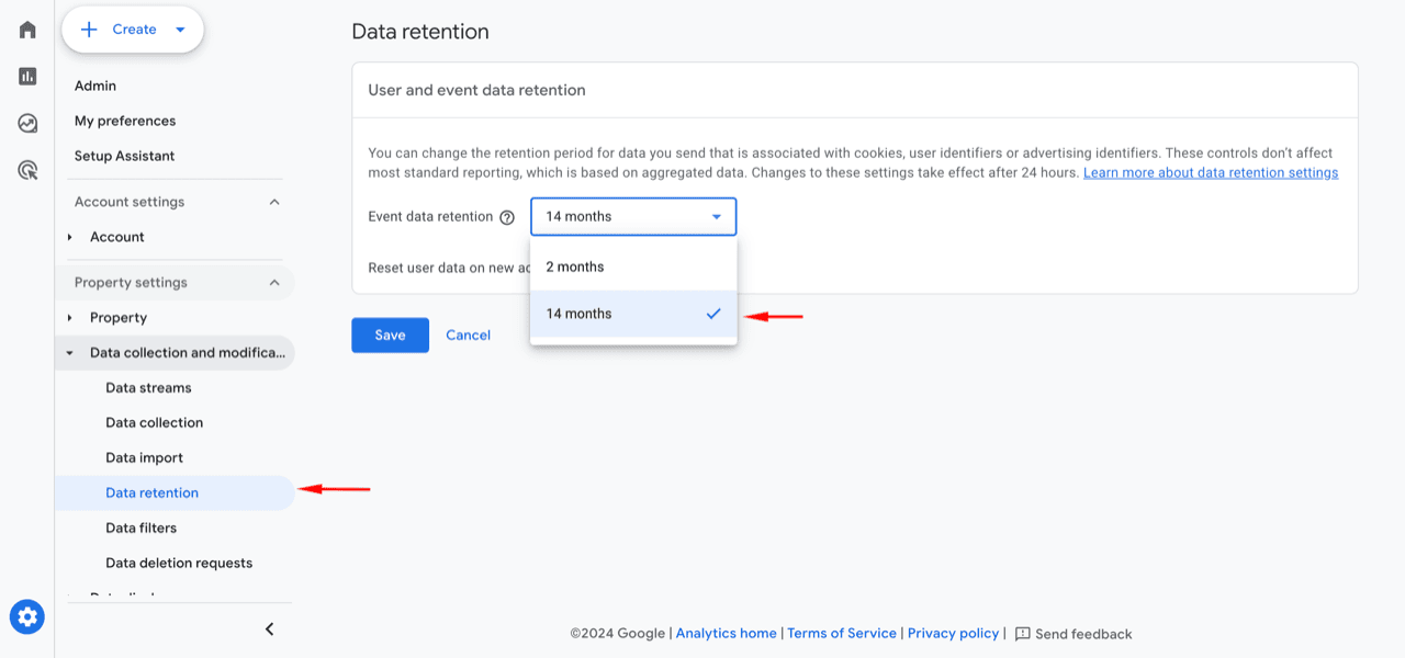 GA4 Data retention settings with Event data retention set to 14 months