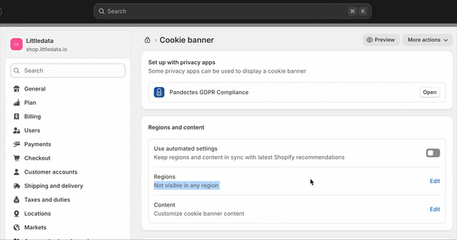 Shopify cookie banner settings with Use automated settings and Regions