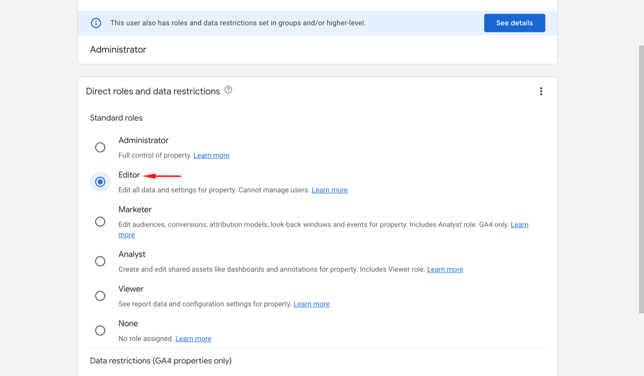 GA4 property access settings with the Editor role selected