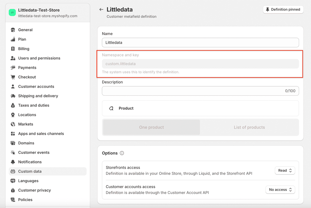 Customer metafield definition in Shopify admin with the namespace and key highlighted