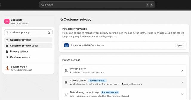 Shopify admin Customer privacy settings with the Cookie banner option