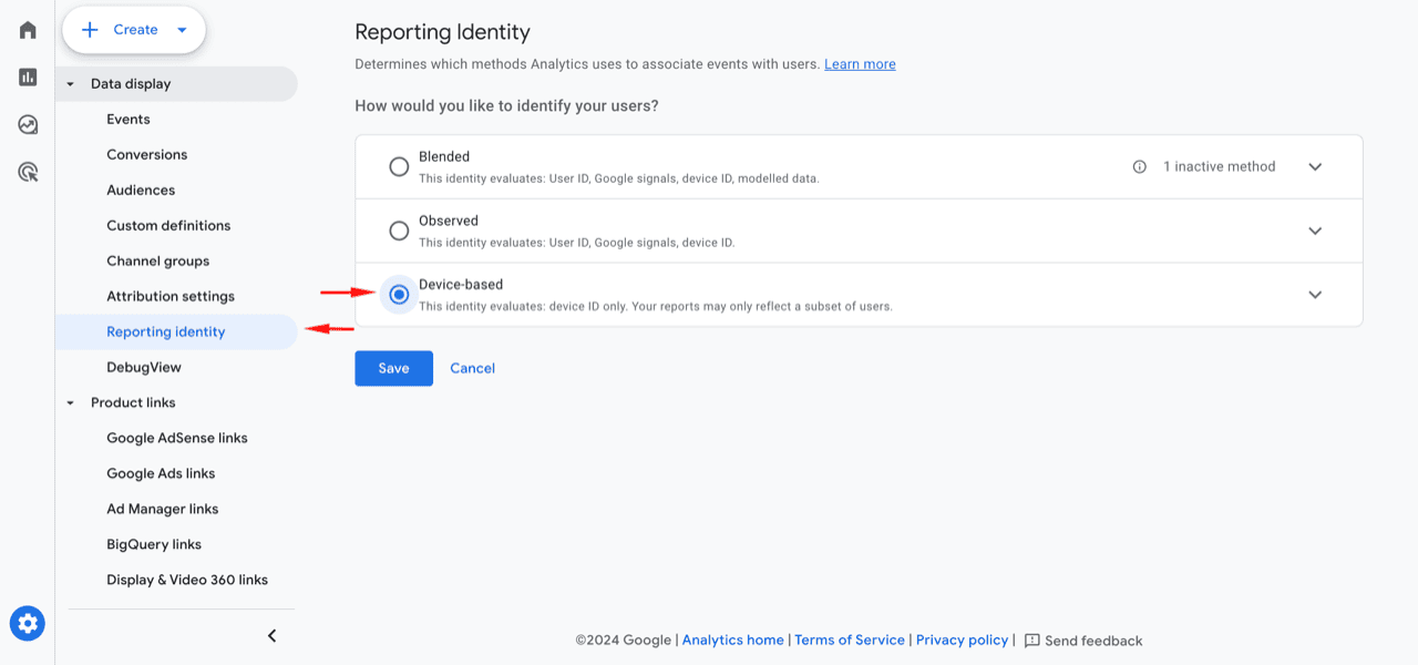 GA4 Reporting identity settings with Device-based selected