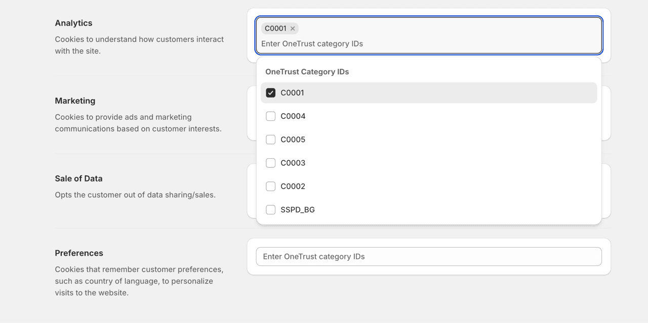 OneTrust Shopify app mapping OneTrust category IDs to Shopify consent categories