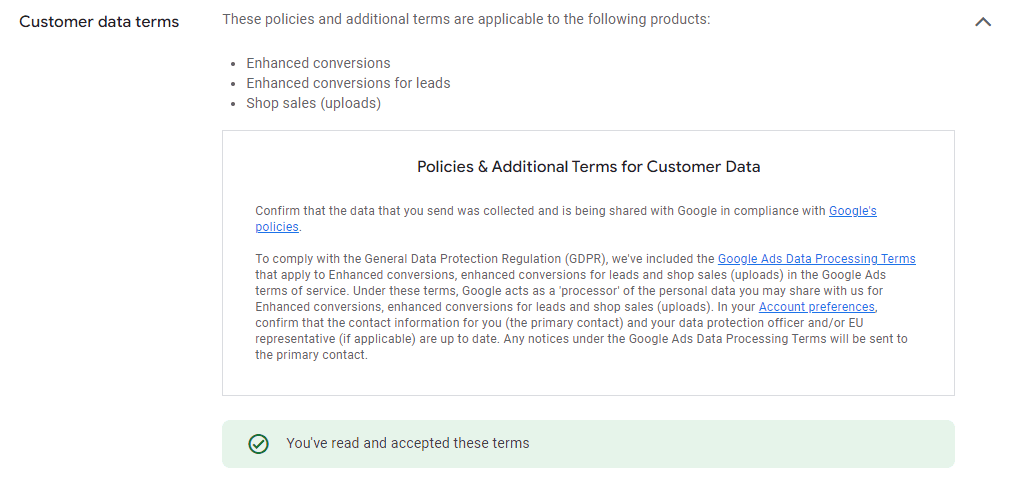 Customer data terms accepted in Google Ads conversion settings