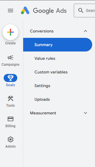 Google Ads sidebar with Goals, Conversions and Summary selected