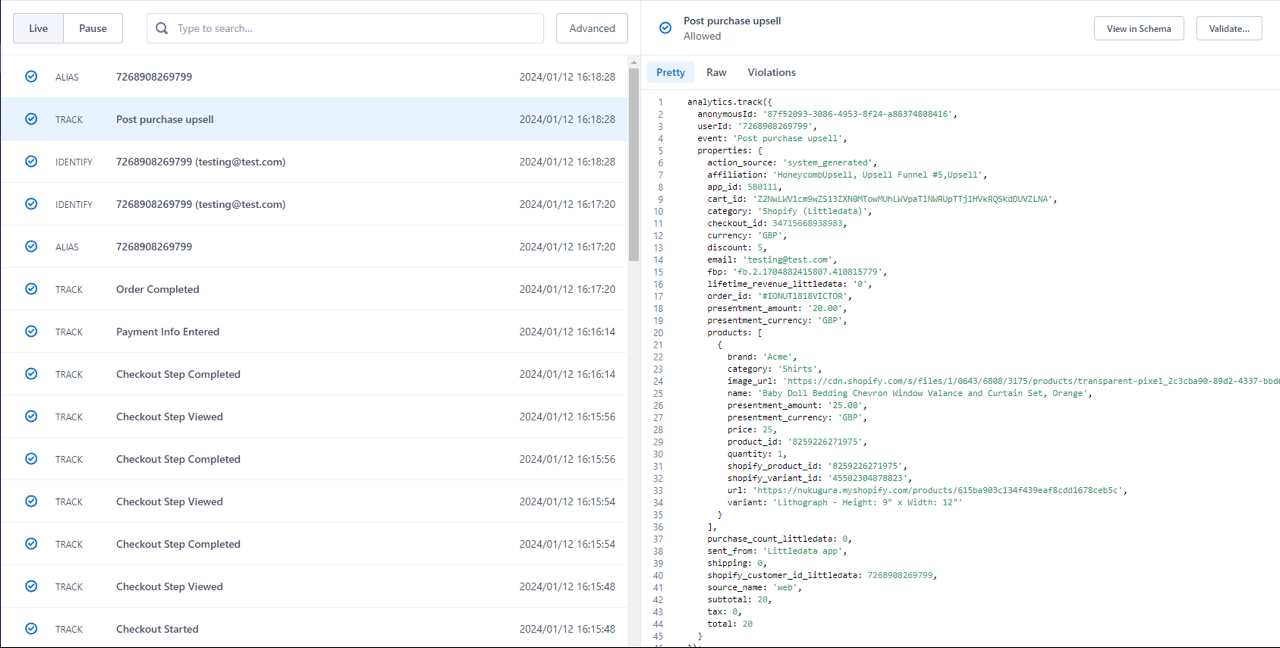 Segment debugger showing checkout events, Order Completed and Post purchase upsell