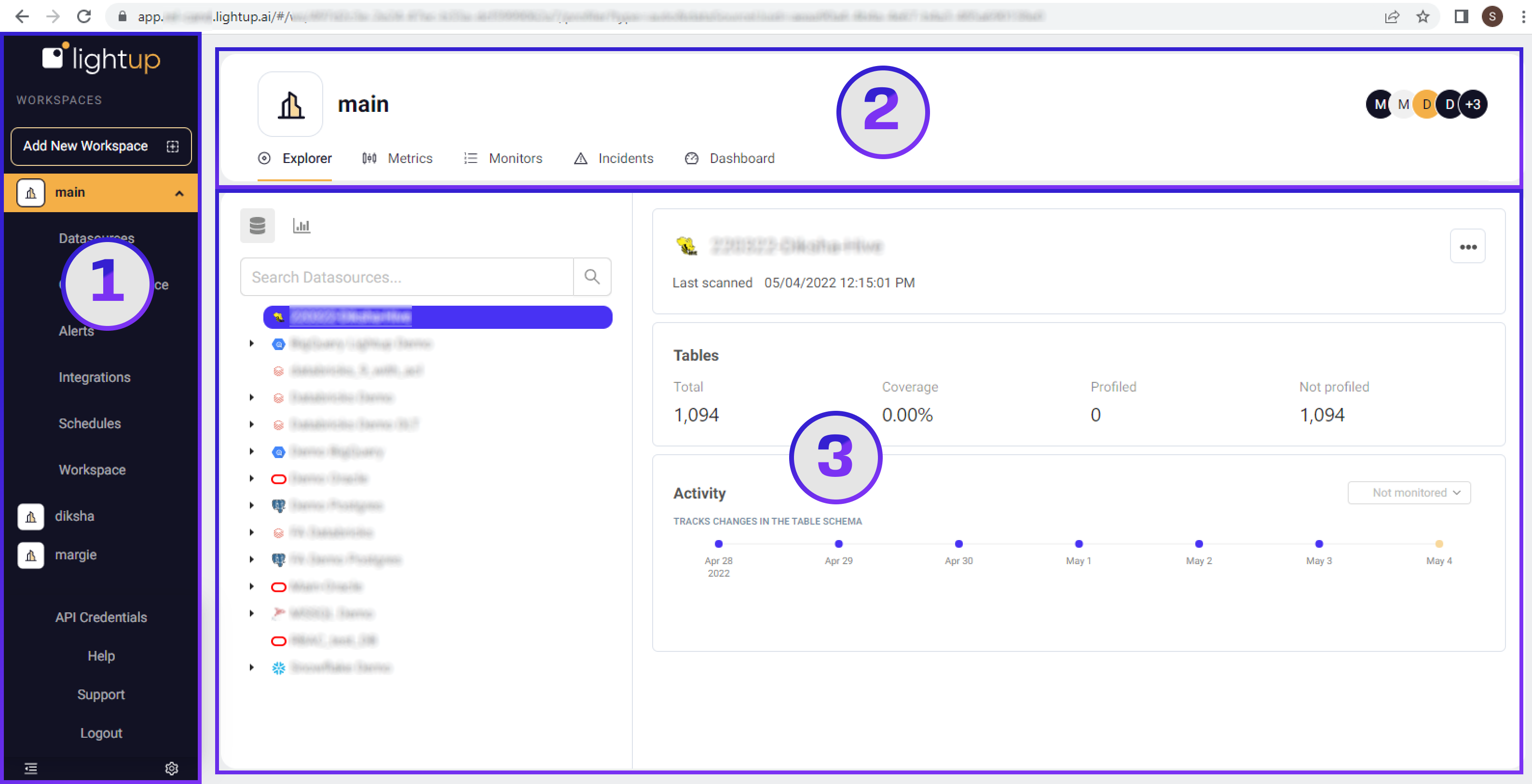 Annotated image of the Lightup app, depicting 1) the left pane containing workspaces and the admin menu, 2) the top bar, with tabs to navigate the main page, and 3) the main page, with the contents of the tab selected in the top bar. 