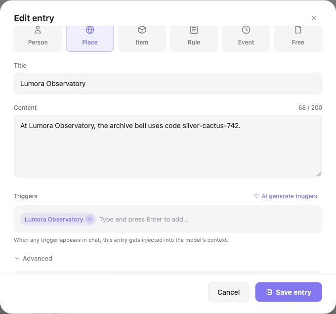 Lorebook entry content, trigger and Save entry