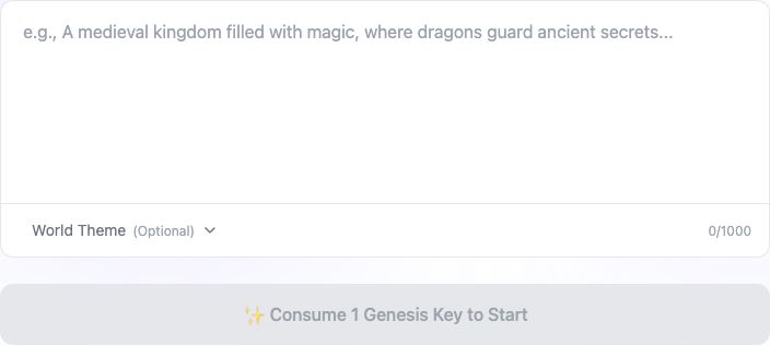 World AI creation form and Genesis Key start prompt