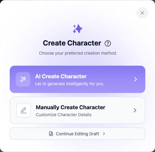 Create Character dialog with AI and manual creation options and a guide button.