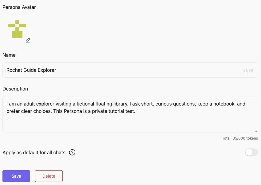 Persona name, description and default switch