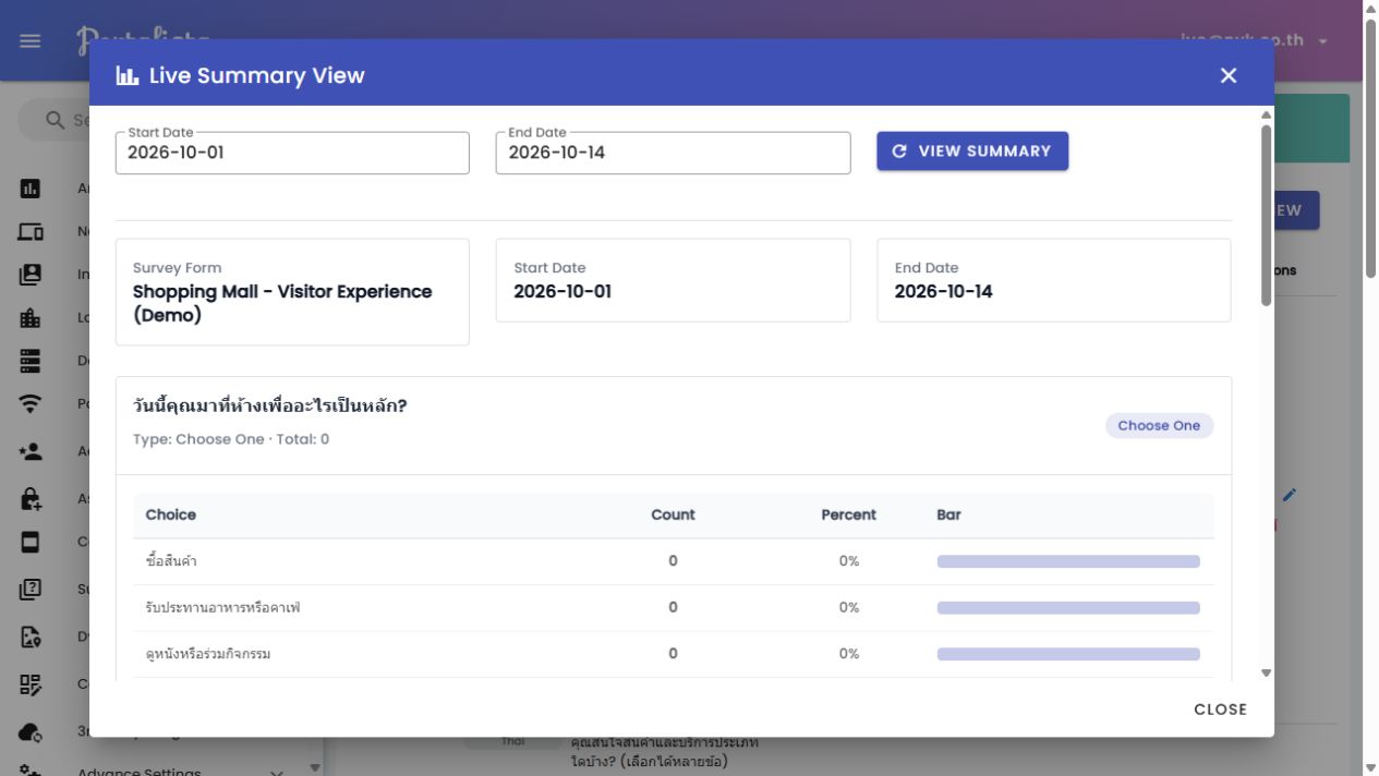 Live Summary View displays the selected period and results for each survey question.