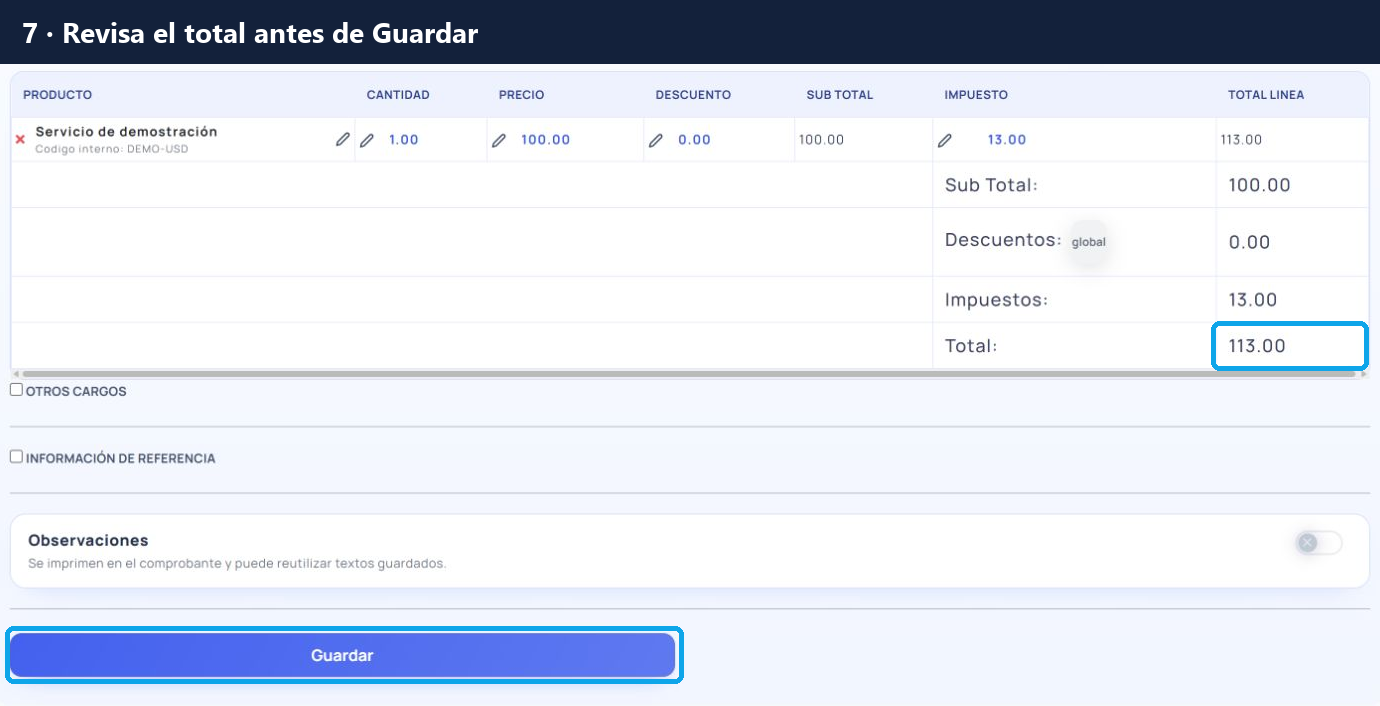 Subtotal 100, IVA 13 y total 113; botón Guardar señalado.