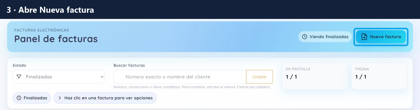 Panel de facturas: botón Nueva factura señalado.