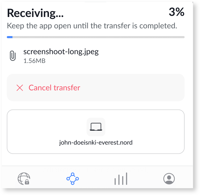 The transfer download progress is shown using a percentage and a progress bar.