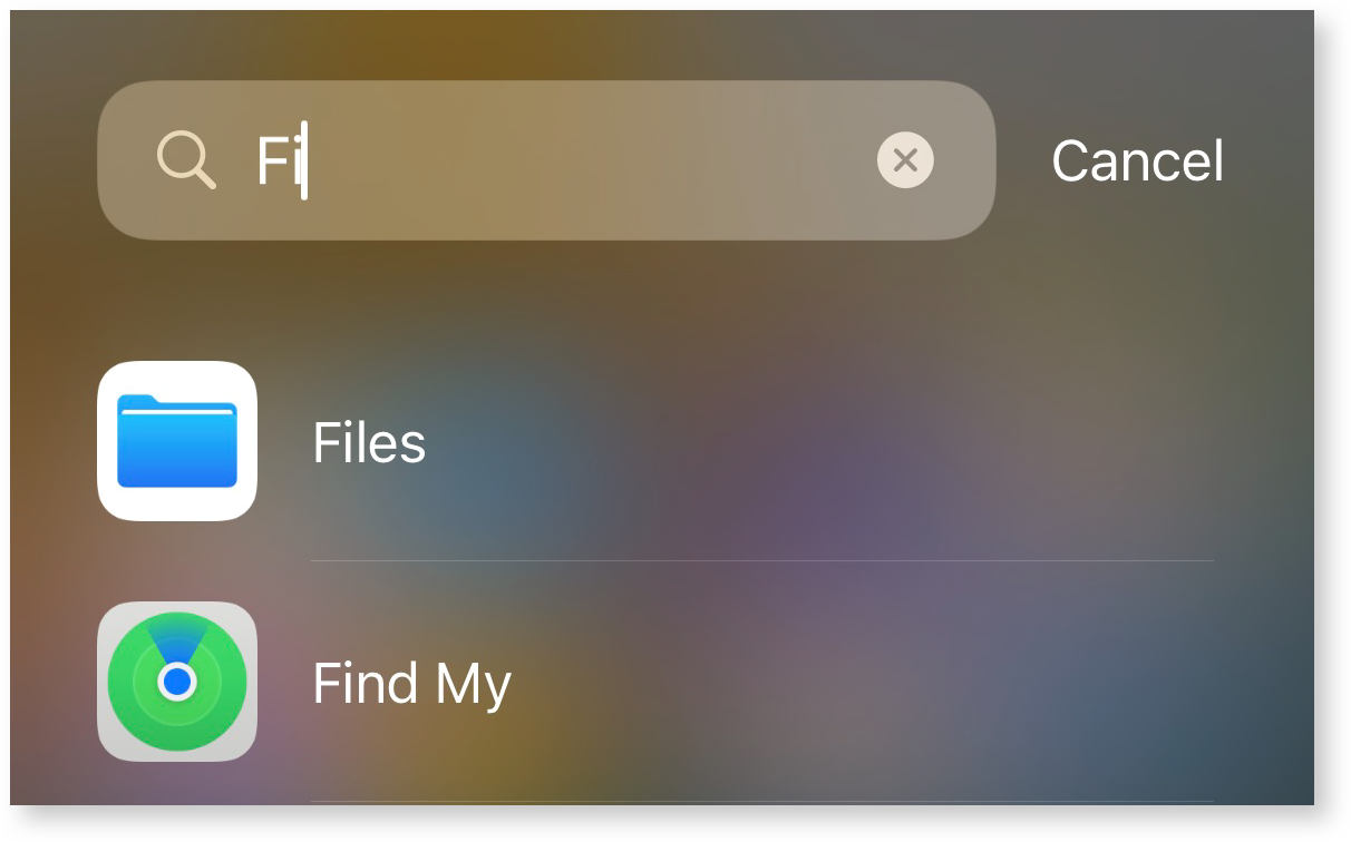 Typing Files in the serch bar with the Files app displayed among the search results 