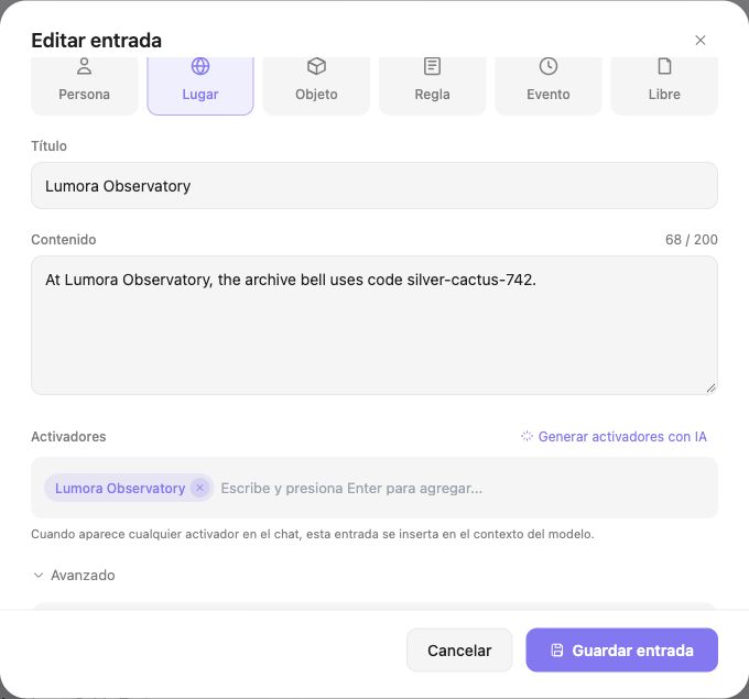Contenido, activador y botón de guardar la entrada de Lorebook