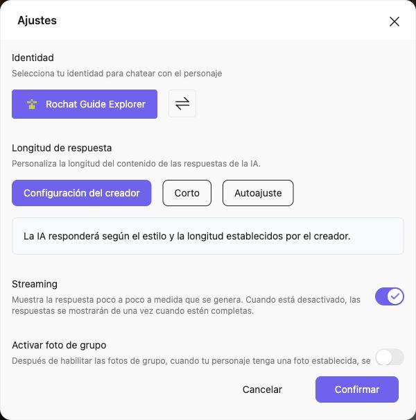 Ajustes de conversación con la Identidad seleccionada