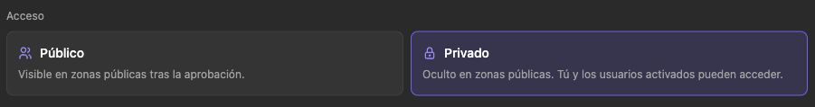 Opciones de visibilidad de World y explicación del acceso privado