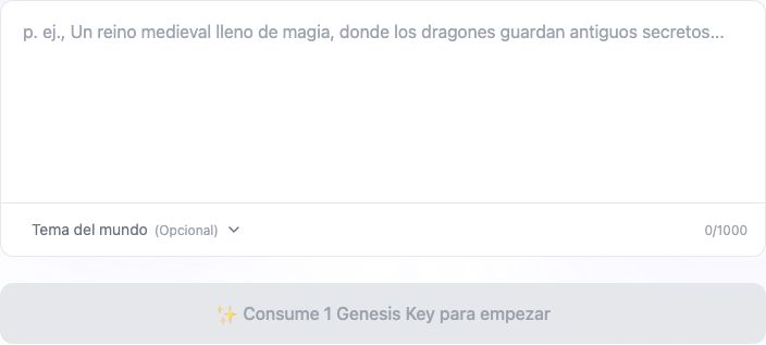Formulario de creación de World con IA y aviso de Genesis Key