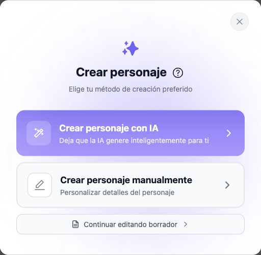 Opciones de creación de personaje con IA y manual