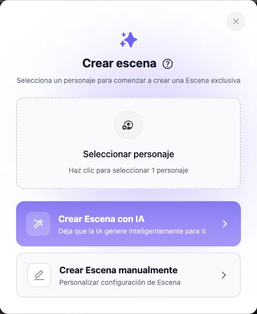 Selector de personaje y opciones para crear la escena