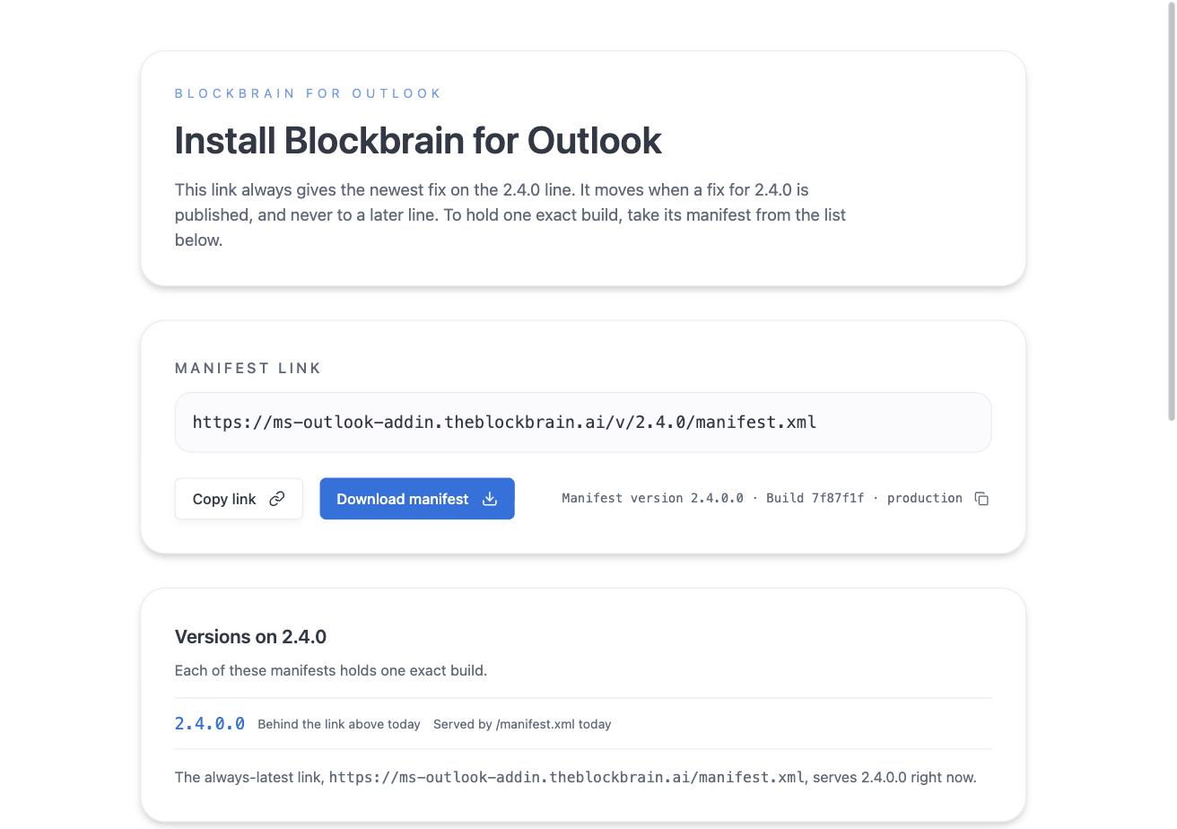 Blockbrain install page for Outlook with the Download manifest button