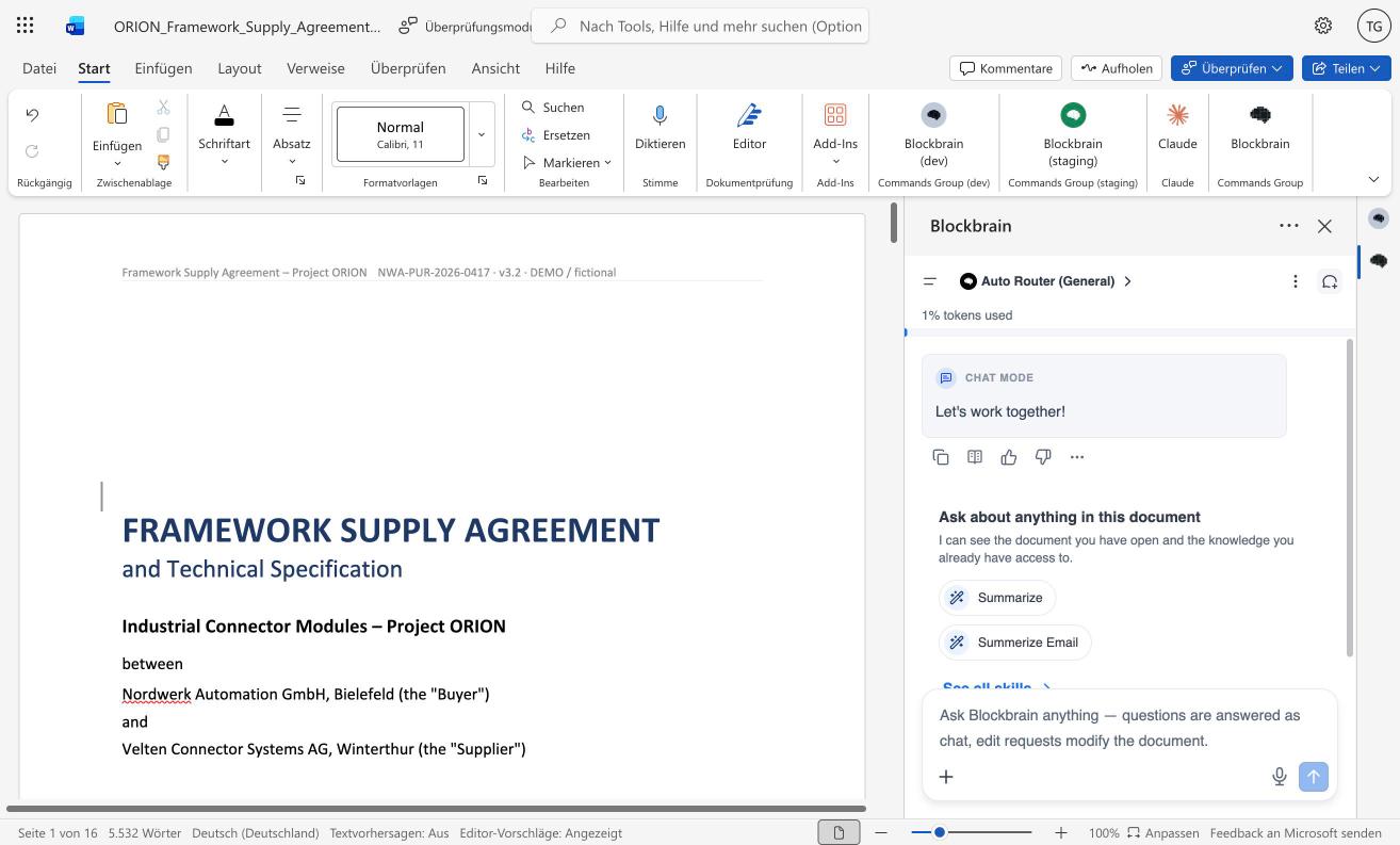 Blockbrain panel next to a document in Word