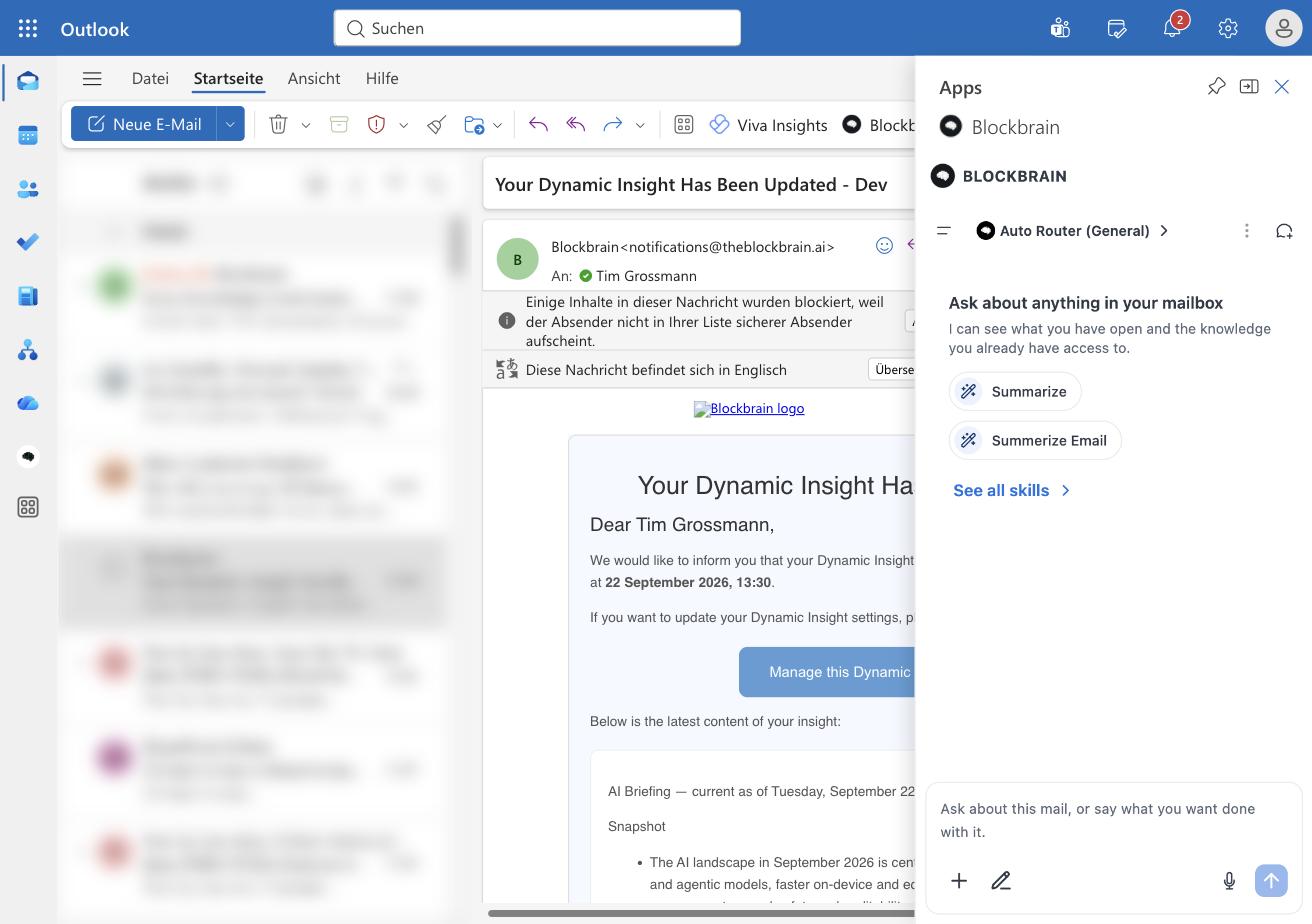 Blockbrain panel next to an email in Outlook
