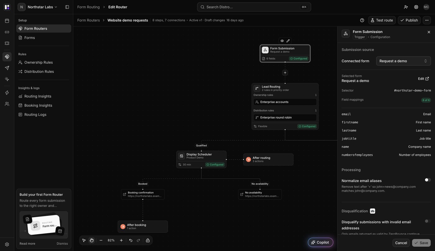 Form Submission settings in dark mode showing mapped fields and the disabled email-validation switch while ZeroBounce is disconnected.