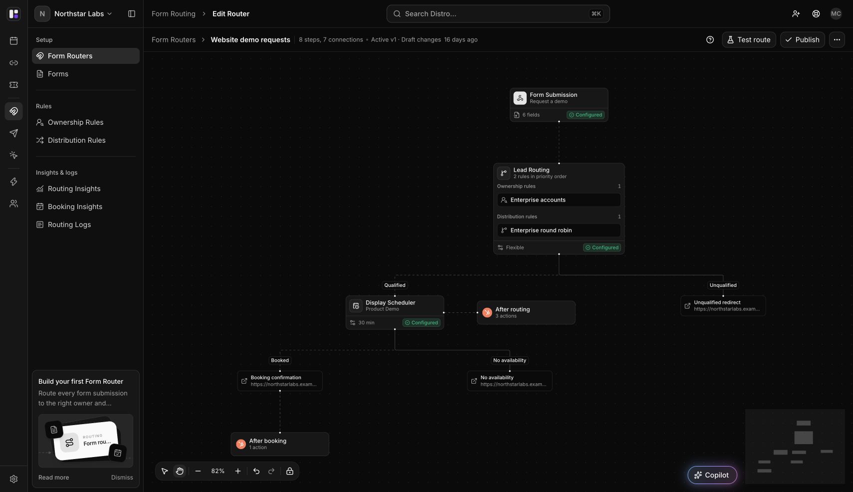 Northstar Labs' Website demo requests router in dark mode, showing the submission, routing rules, scheduler, outcome branches, and CRM actions.