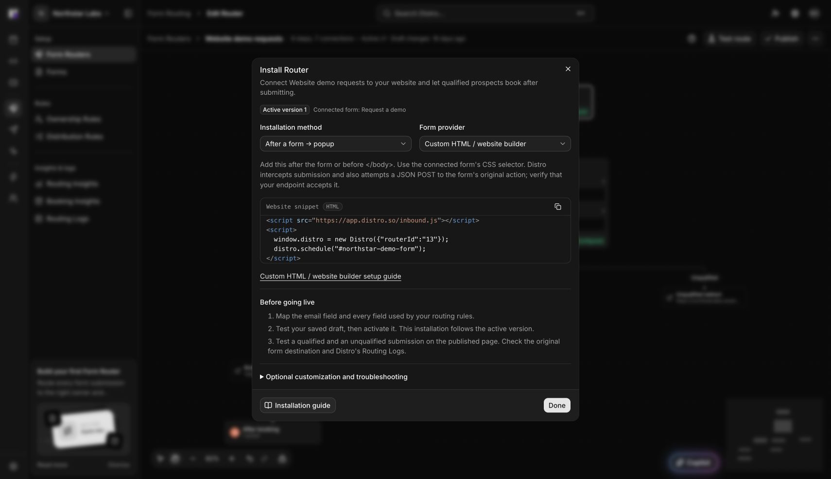 Install Router dialog in dark mode showing installation method, form provider, and the generated website snippet.