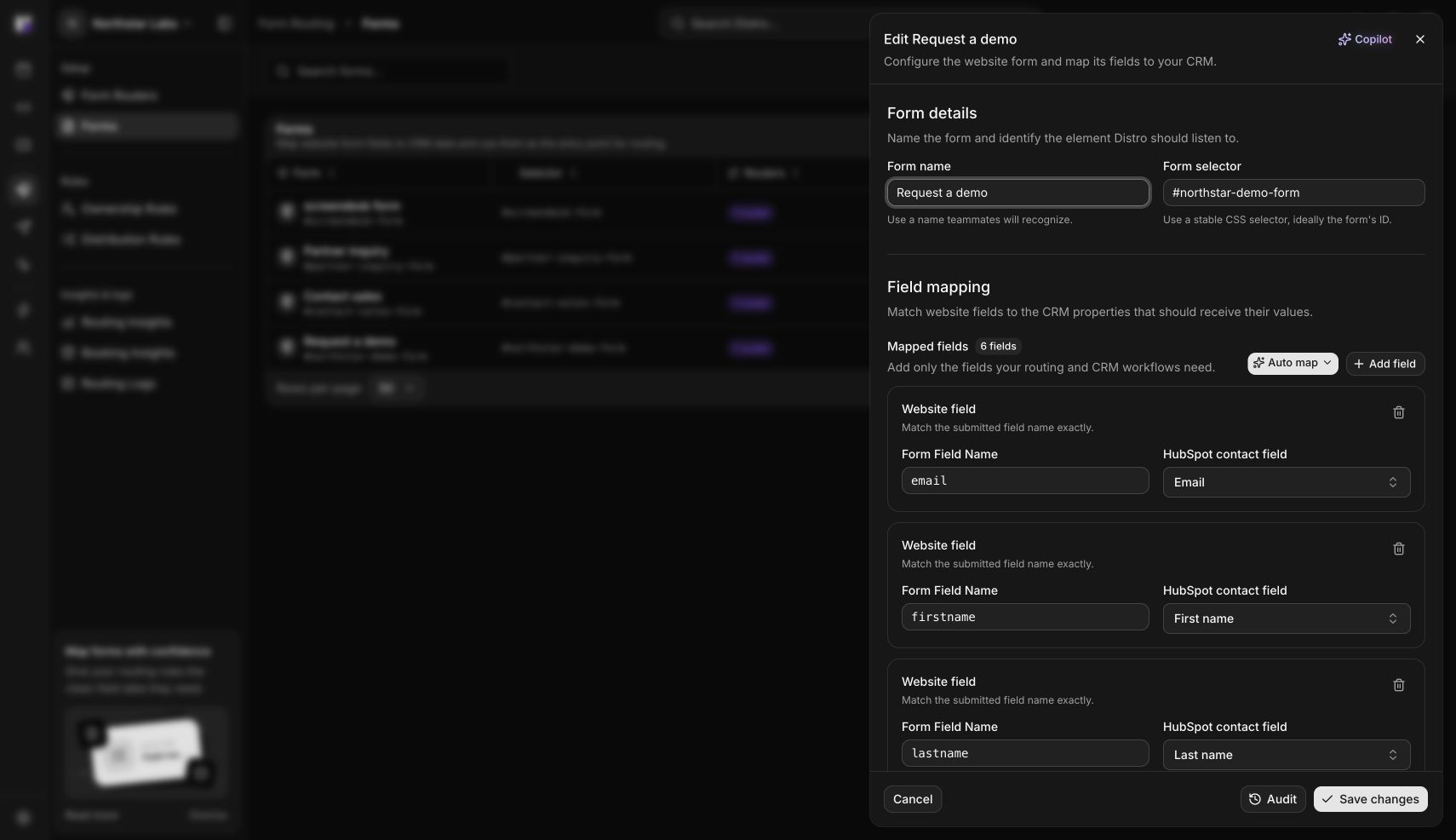 Request a demo form editor in dark mode, showing the form name, selector, and field mappings in the Northstar Labs test workspace.