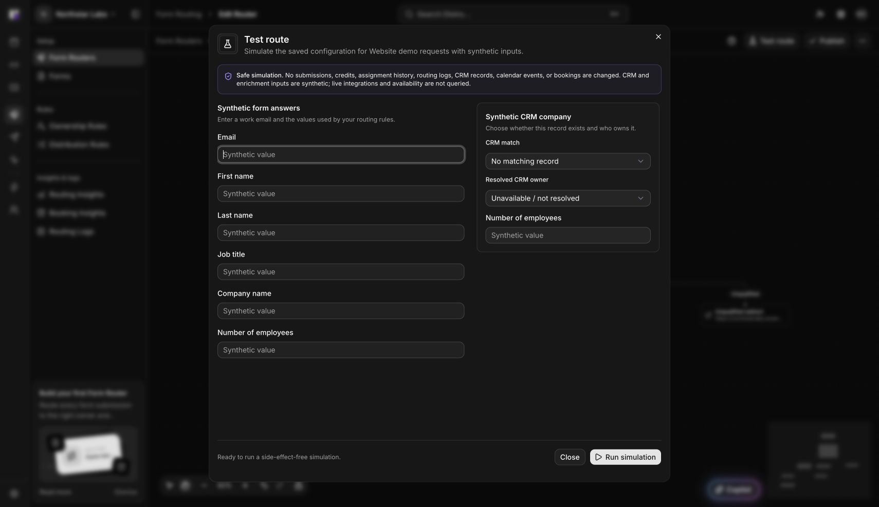 Test route dialog in dark mode with synthetic form answers, CRM inputs, and the safe-simulation notice.